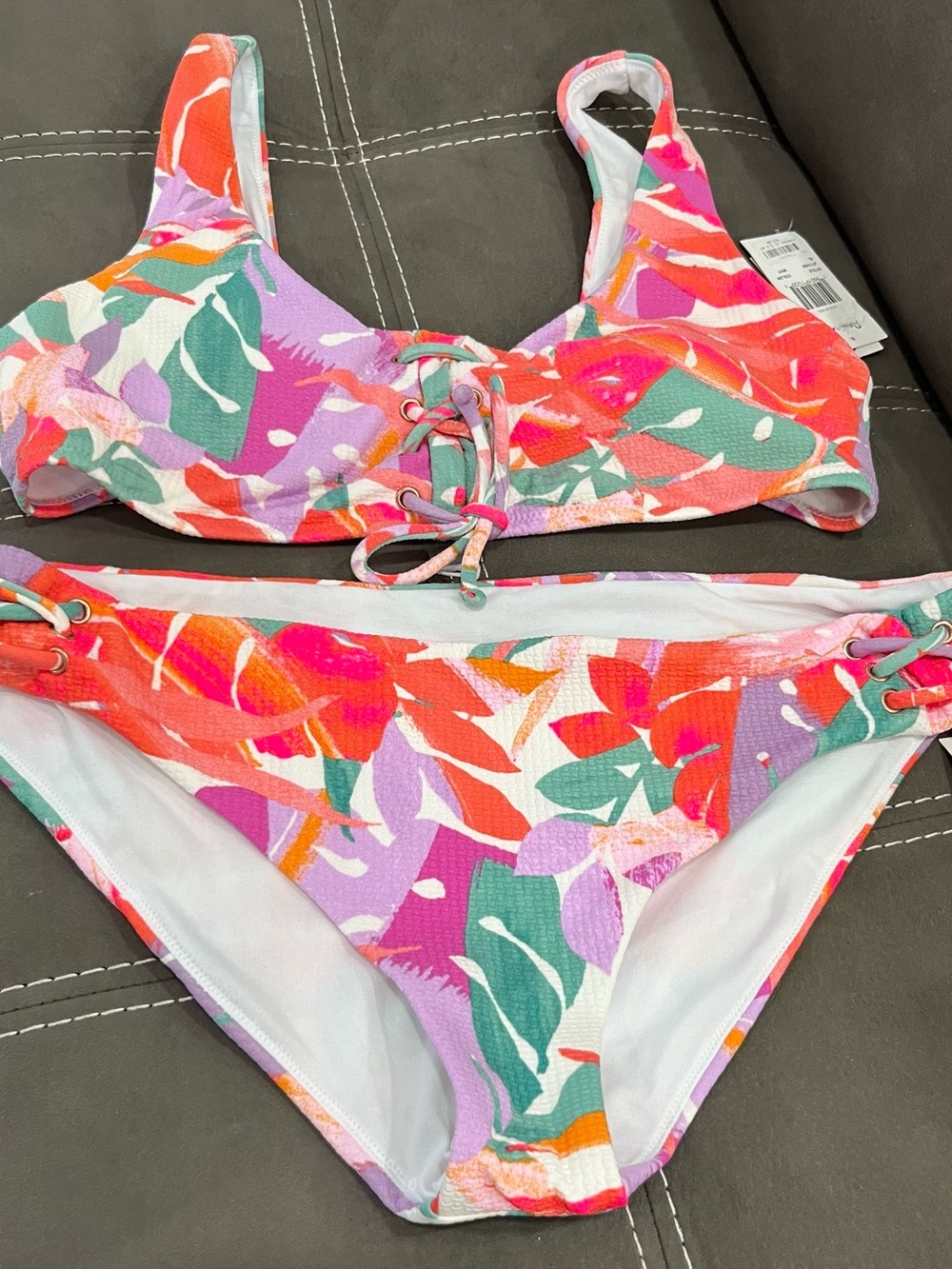 Raisins Floral Lace-Up Bikini Set in Coral, Pink, Lavender & Teal